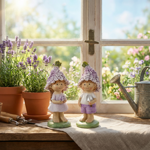 Product Decorative figurine of a flower boy and girl in lavender for living room and garden, 10cm, 2 pieces