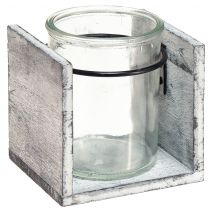 Product Glass tealight holder in rustic wooden frame – grey-white, 10x9x10cm – charming table decoration 3pcs