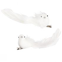 Product Decorative doves on clip pair of doves with feathers and glitter white 16cm 2 pcs