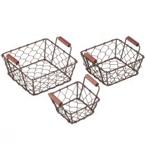 Wire basket plant basket metal wood 16/14/11.5cm set of 3