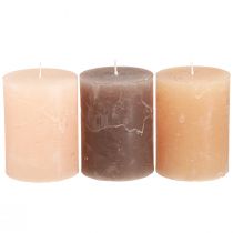 Product Solid coloured pillar candles 3 colours brown 60x80mm 12 pcs