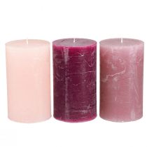 Product Pillar candles dyed 3 colours Berry 70×120mm 12 pcs