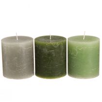 Product Pillar candles dyed 3 colours green 70×80mm 12 pcs