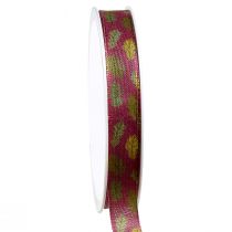 Product Gift ribbon autumn fabric ribbon with oak leaves Bordeaux green 15mm 18m