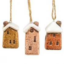 Product Ceramic Hanging Houses – Various Shades of Brown, Snow Coated Roofs – Charming Christmas Decoration – 6 pcs