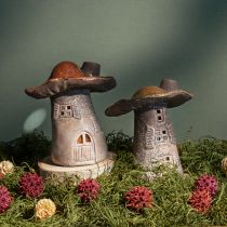 Product Magical mushroom house lanterns – Rustic ceramic, brown, 14.5 cm – Unique lighting decoration 2 pieces