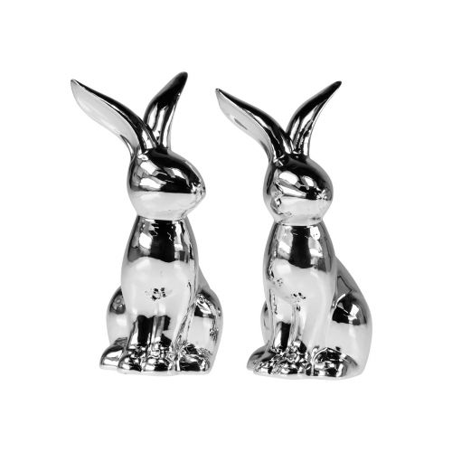 Floristik24 Decorative Easter Bunny Ceramic Decorative Bunny Sitting Silver 18cm 2pcs