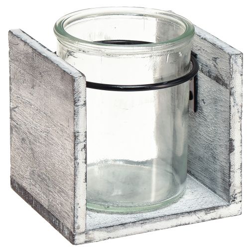 Glass tealight holder in a rustic wooden frame – grey-white, 10x9x10 cm 3 pieces – charming table decoration