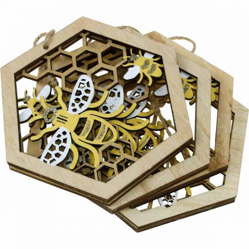 Floristik24 Honeycomb to hang, summer decoration, honeybee, wooden decoration, bees in honeycomb 4pcs