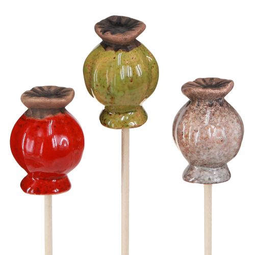 Flower Stick Ceramic Poppy Decoration 3 Colors Ø3.5cm 6 Pcs