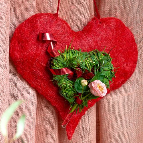 Product Sisal heart decoration with sisal fibers in red 40x40cm