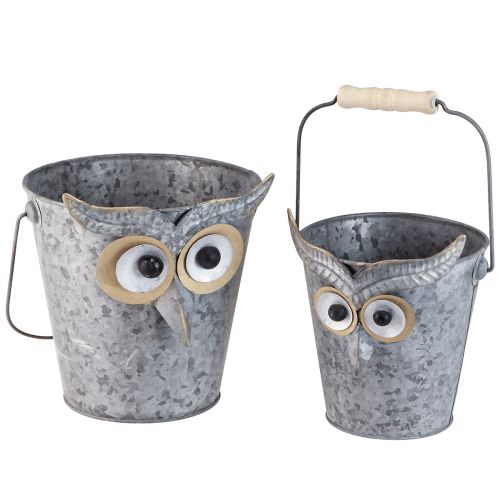 Decorative bucket owl planter zinc with handle Ø15/19cm set of 2