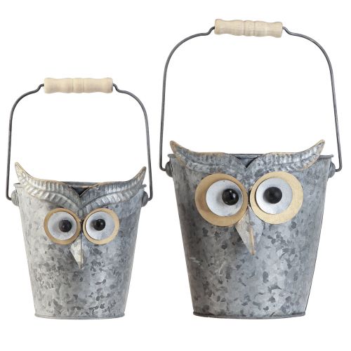 Product Decorative bucket owl planter zinc with handle Ø15/19cm set of 2