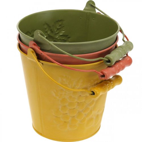 Product Decorative bucket of fruits washed yellow, orange, green Ø15cm H14cm set of 3