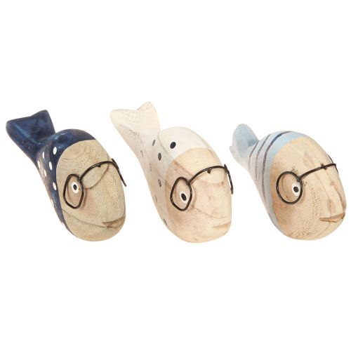 Decorative Fish with Glasses Natural White Blue Wood 11–13cm 4 pcs