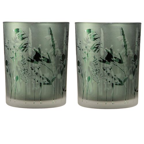 Product Decorative Glass Lantern Green White Motif Meadow H12.5cm 2 Pcs