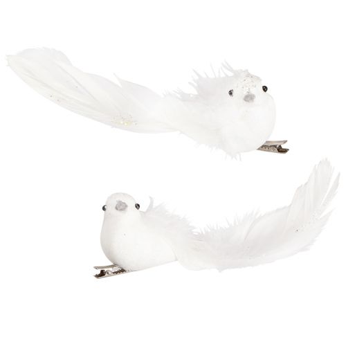 Product Decorative Doves on Clip Dove Pair with Feathers and Glitter White 16cm 2 Pcs