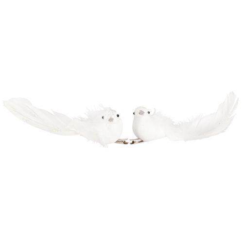 Product Decorative Doves on Clip Dove Pair with Feathers and Glitter White 16cm 2 Pcs