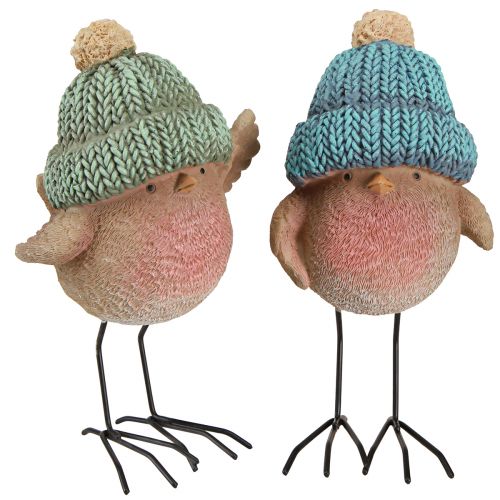 Decoration bird with hat winter decoration blue green H18cm 2pcs