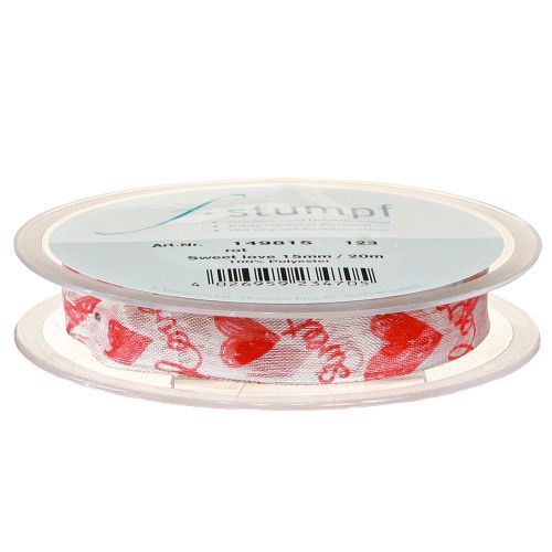 Product Decorative Ribbon with Hearts Love White Red Organza Fabric 15mm 20m