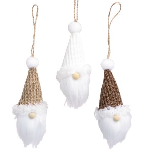 Decorative hanging Christmas gnome white brown H11cm 3 pcs