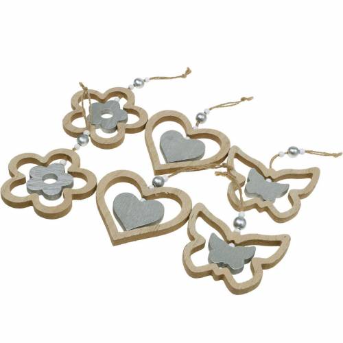 Floristik24 Decorative Hanging Heart Flower Butterfly Natural, Silver Wooden Decoration 6 Pcs