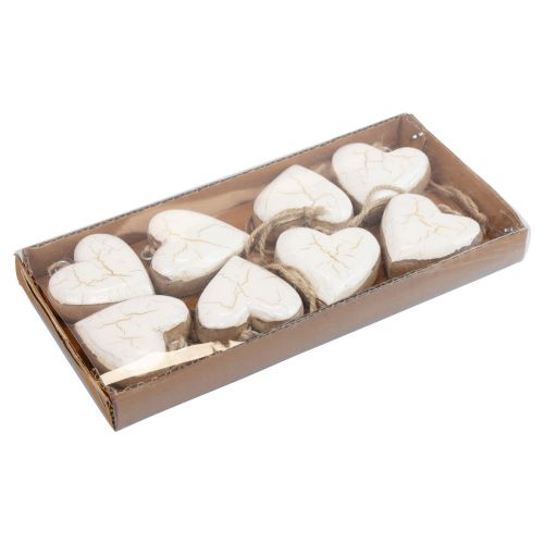 Product Decorative hanging wooden hearts natural white/gold craquelure 6cm 8 pcs