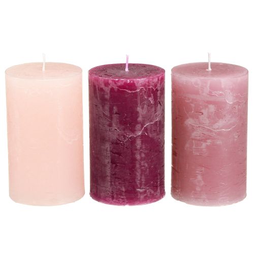 Solid coloured pillar candles 3 colours Berry 60×100mm 12 pcs