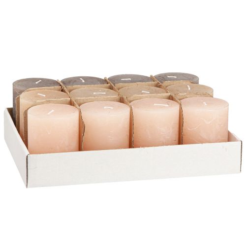 Product Solid coloured pillar candles 3 colours brown 60x80mm 12 pcs