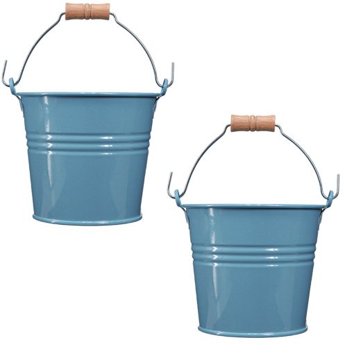 Product Decorative Bucket Metal Wooden Handle Flowerpot Blue H16cm 2pcs