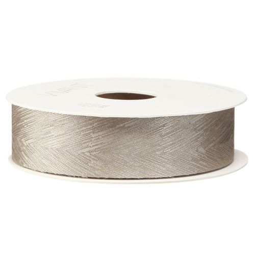 Product Elegant silk ribbon with feather print in silver – perfect for festive decorations Width 25mm Length 15m