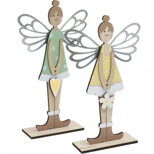 Floristik24 Decorative elf, spring decoration, fairy to stand, wooden decoration green, yellow H34cm set of 2