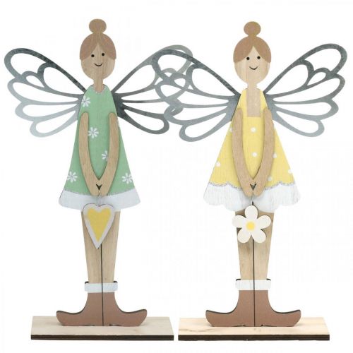 Product Decorative elf, spring decoration, fairy to stand, wooden decoration green, yellow H34cm set of 2