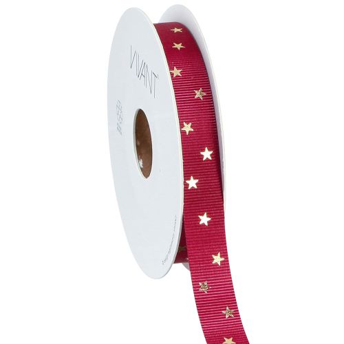 Festive decorative ribbon in dark red with golden stars Width 15mm Length 20m