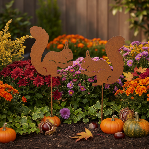 Product Garden stake squirrel rust decorative stake for flower bed and flower pot 52cm 2pcs