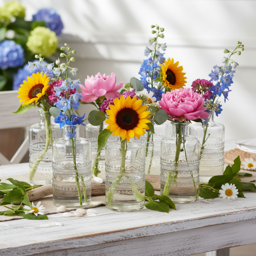 Product Glass bottle with pattern, cylindrical, clear, decorative vase, 15cm, 6 pieces