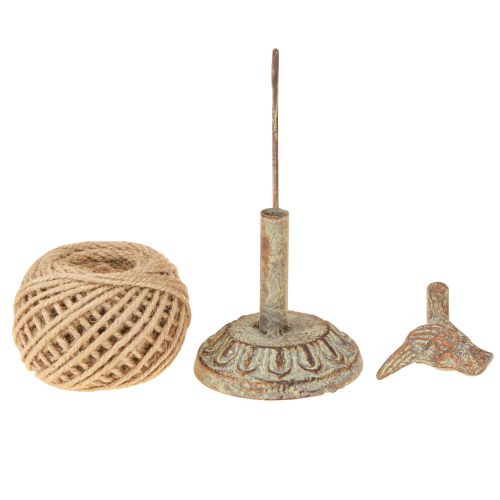 Product Vintage metal spool holder with bird and jute yarn H17cm