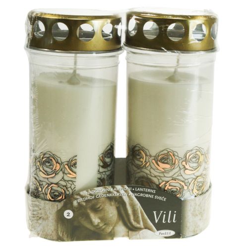 Product Grave candles white roses mourning light memorial light Ø7cm H18cm 130h 2pcs