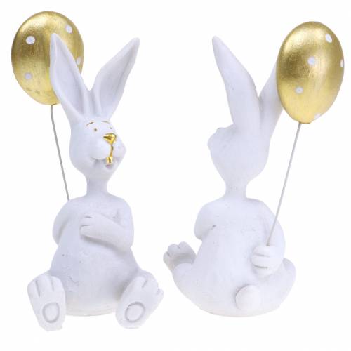 Floristik24 Bunny with balloon sitting white, gold H13.5cm 2pcs