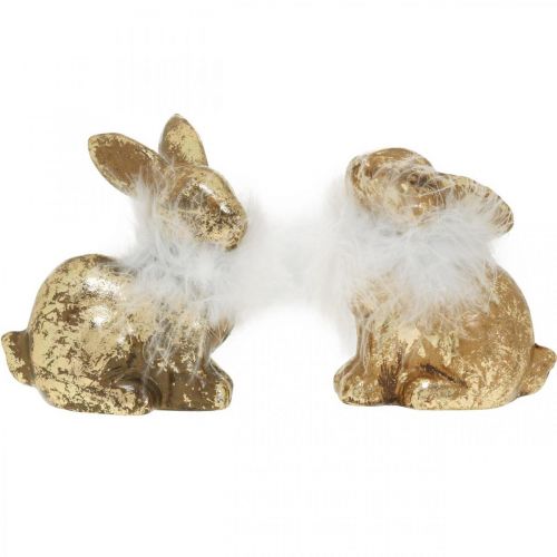 Product Gold rabbit sitting gold colored terracotta with feathers H10cm 4pcs