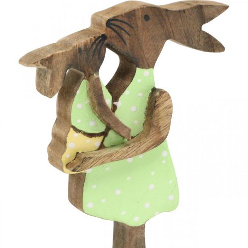 Product Bunny mother with child, Easter decoration, spring, Easter bunny made of wood, natural, green, yellow H22cm