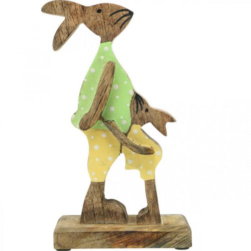 Product Easter bunny with child, spring decoration made of wood, rabbit father, Easter nature, green, yellow H22cm