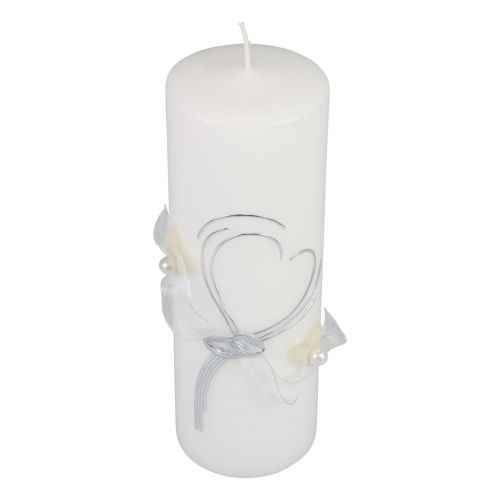 Product Festive wedding candle with a stylish heart design, silver embellishments and organza ribbon – ideal for weddings and silver wedding anniversaries, 240/80mm