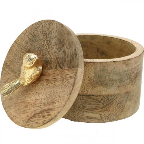 Product Jewelry box with bird, spring, deco box made of mango wood, real wood natural, golden H11cm Ø12cm