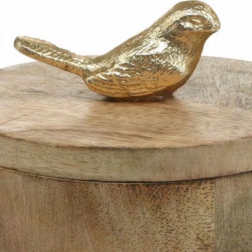 Product Jewelry box with bird, spring, deco box made of mango wood, real wood natural, golden H11cm Ø12cm