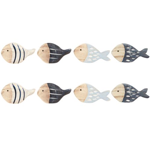 Product Wooden Fish Maritime Table Decoration Natural Blue White 8-9cm 8 pcs