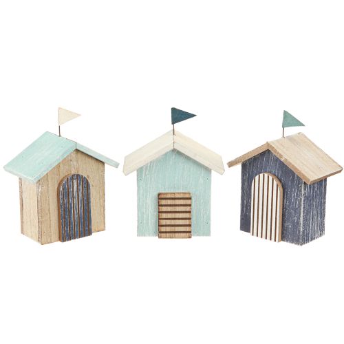 Product Wooden House Beach House Decoration Natural Blue H9.5cm 3 pcs