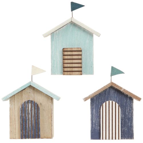 Product Wooden House Beach House Decoration Natural Blue H9.5cm 3 pcs