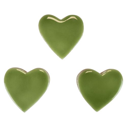 Wooden hearts decorative hearts wood light green glossy effect 4.5cm 8pcs