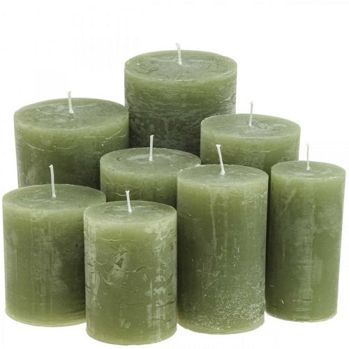 Floristik24 Solid coloured candles olive green various sizes